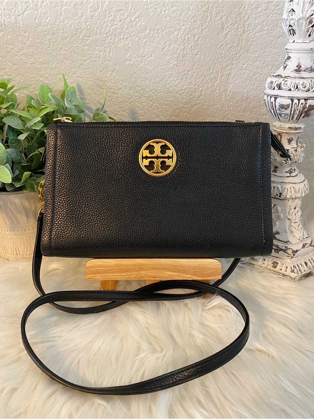 Tory Burch Black Leather Crossbody with Gold Logo Emblem